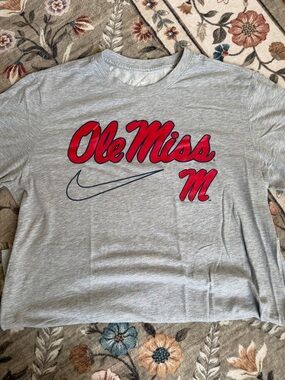 Nike Gray Tee with Red Ole Miss Script and Navy Swoosh